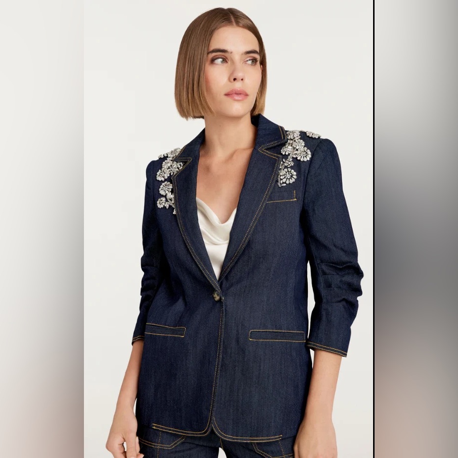 Nwt $595 Cinq Sept Khloe Crystal Chrysanthemum Denim Blazer